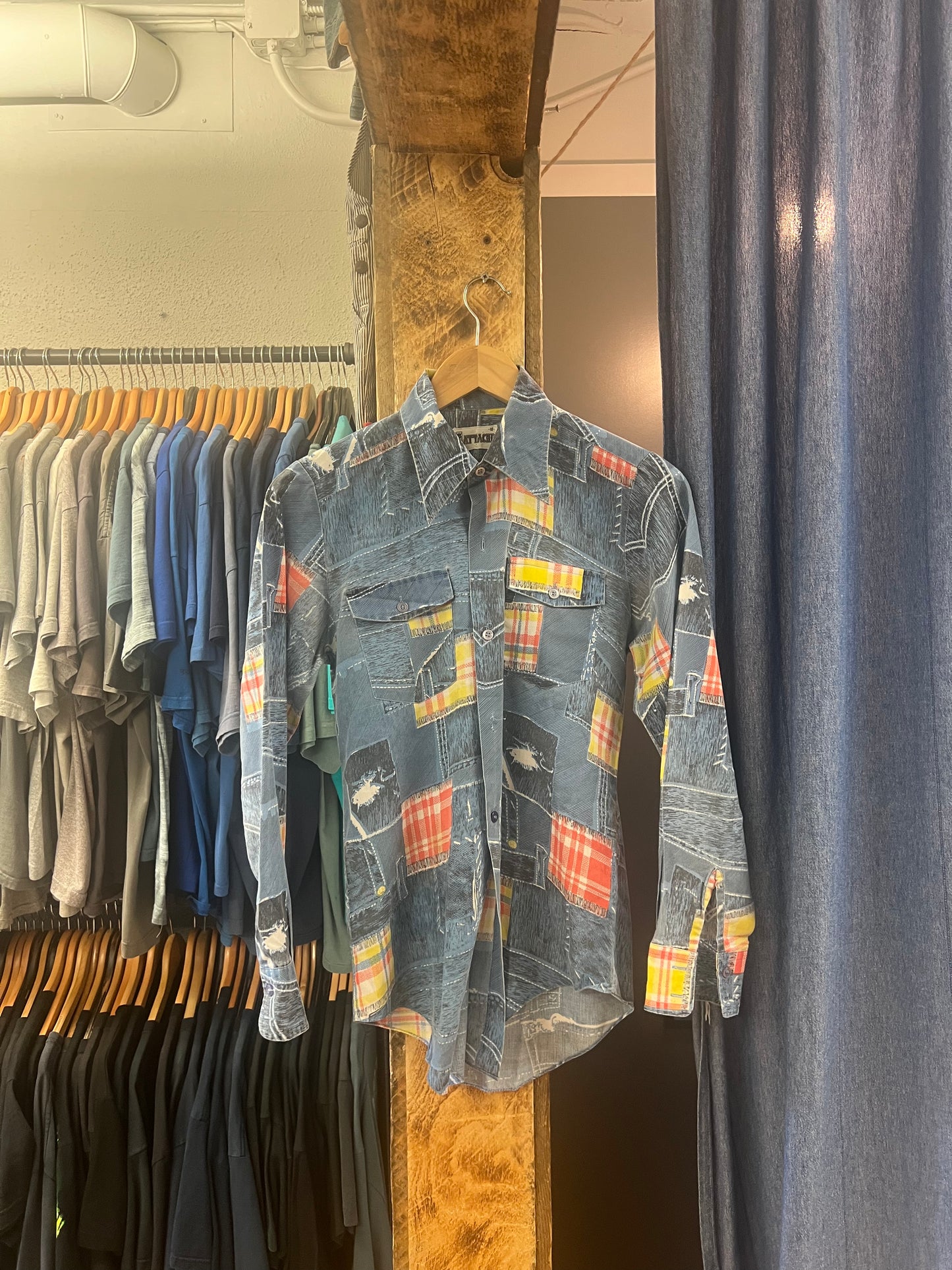 Vintage all over print patchwork button up shirt - m