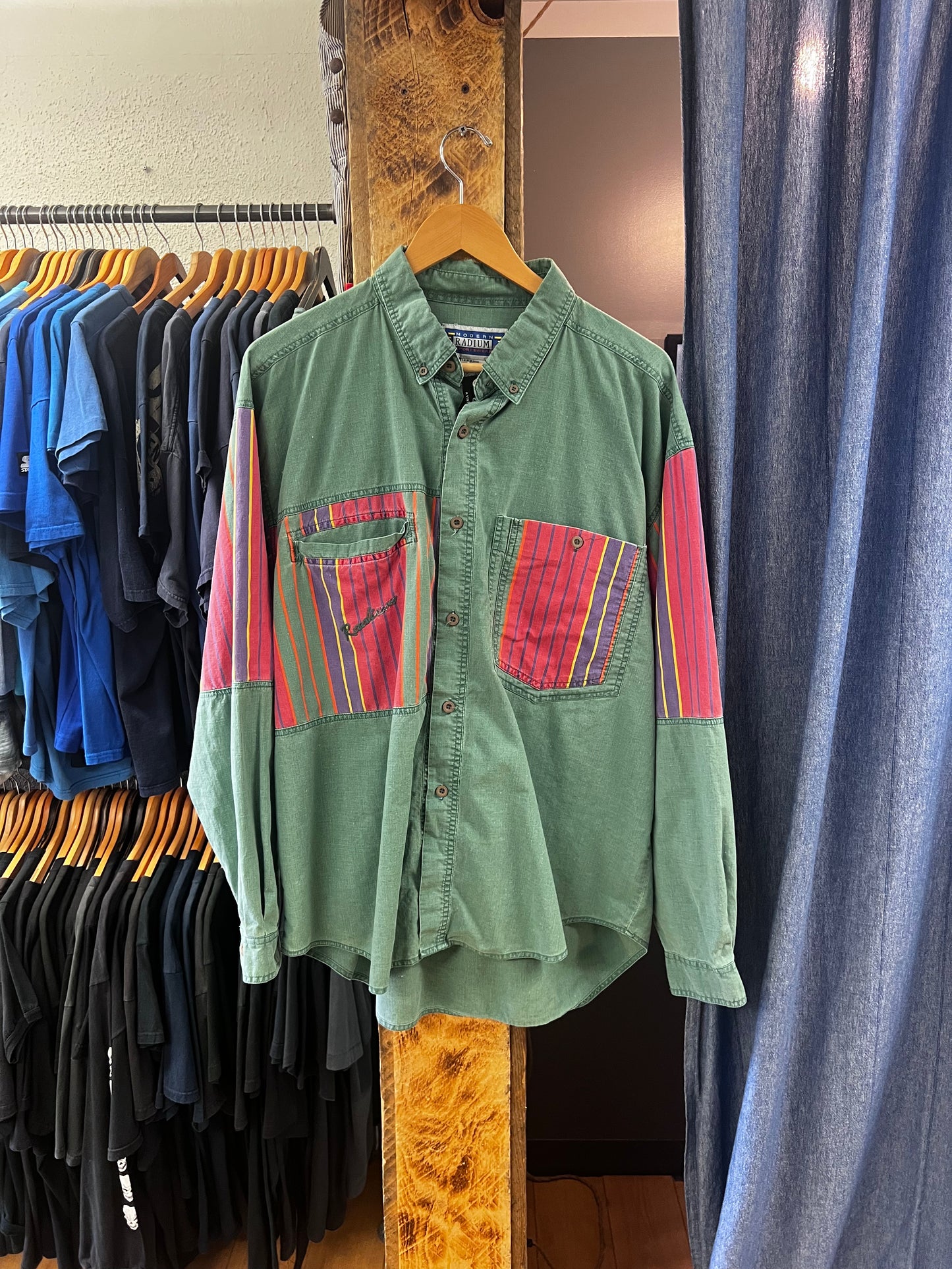 Vintage Radium Green Button-Down Shirt with Red Multi-Stripe Accents - XL