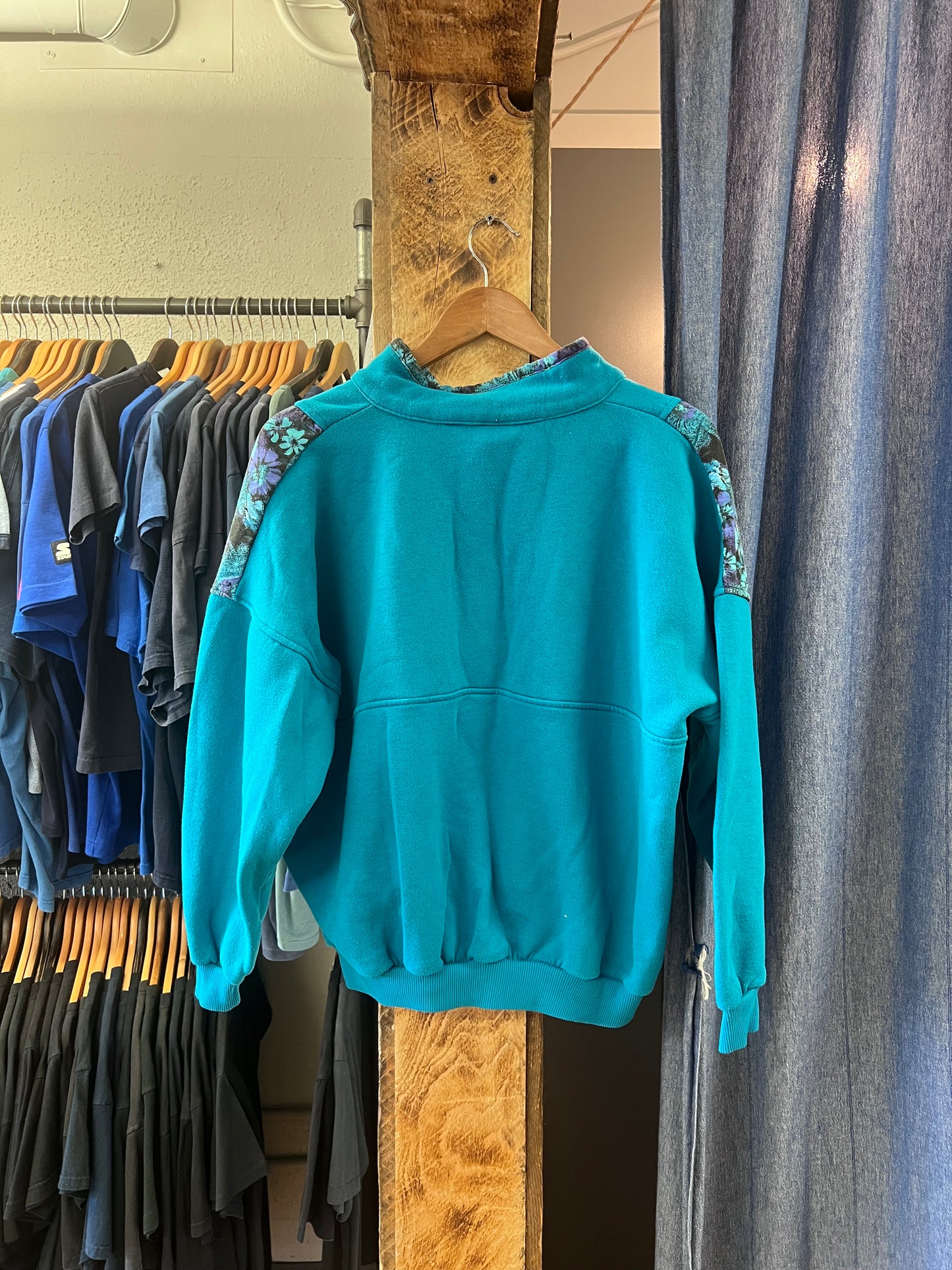Vintage teal floral Half button up sweater - l