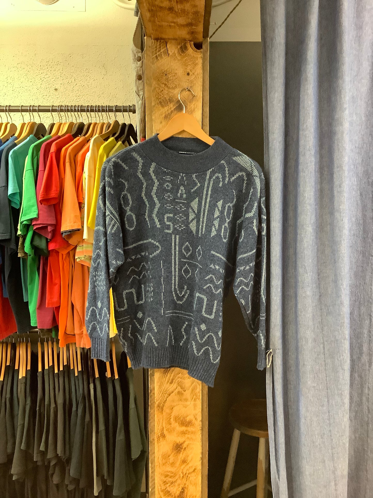 Vintage patterned blue knitted sweater - S