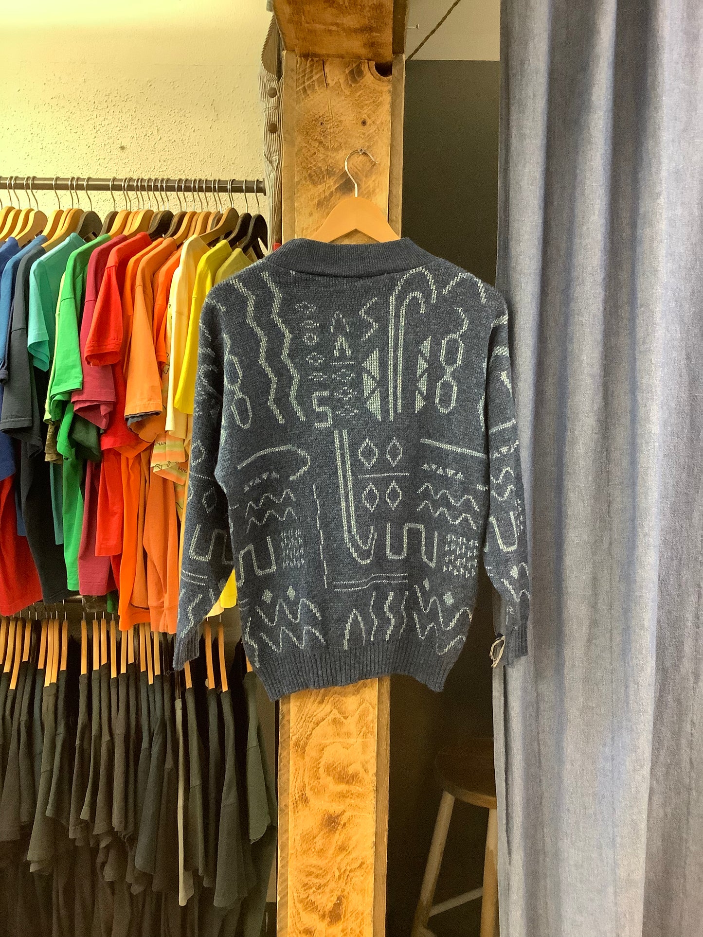 Vintage patterned blue knitted sweater - S
