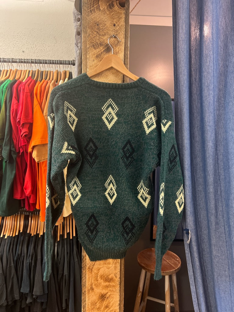 Vintage Forest Green Geometric Patterned Knit Sweater - m