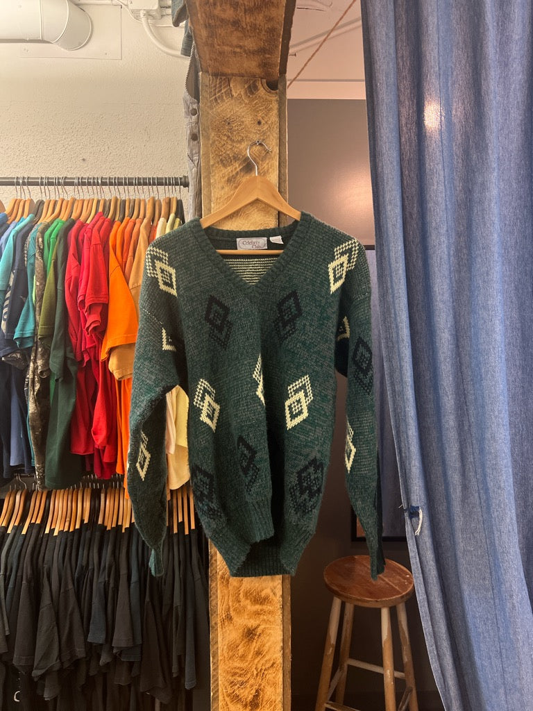 Vintage Forest Green Geometric Patterned Knit Sweater - m