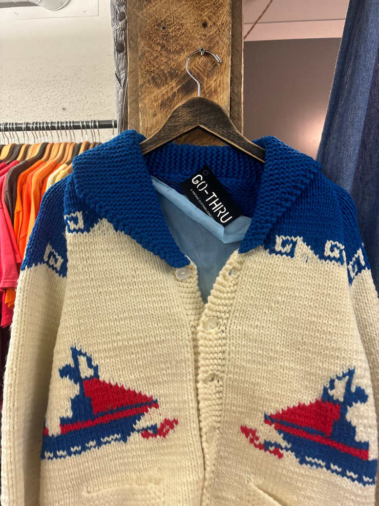 Vintage Cowichan Snowmobile Blue/White Sweater - L