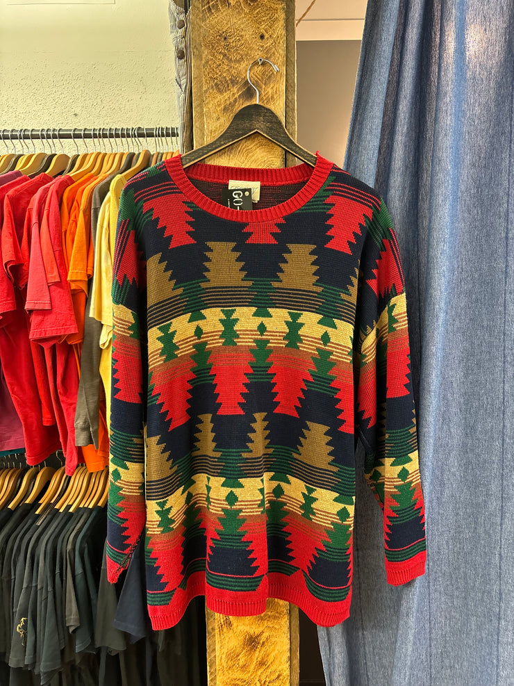 Vintage Aztec Patterned red/green knit sweater - XL