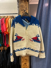 Vintage Cowichan Snowmobile Blue/White Sweater - L