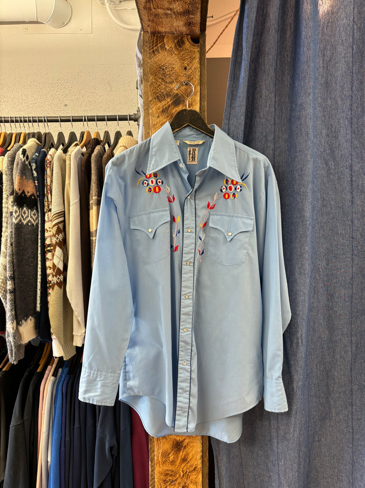 Vintage BARB Western Wear Blue Button-Up T-shirt - L