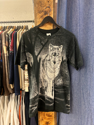 Vintage 90's Wolf Nature All Over Print Black T-shirt - L