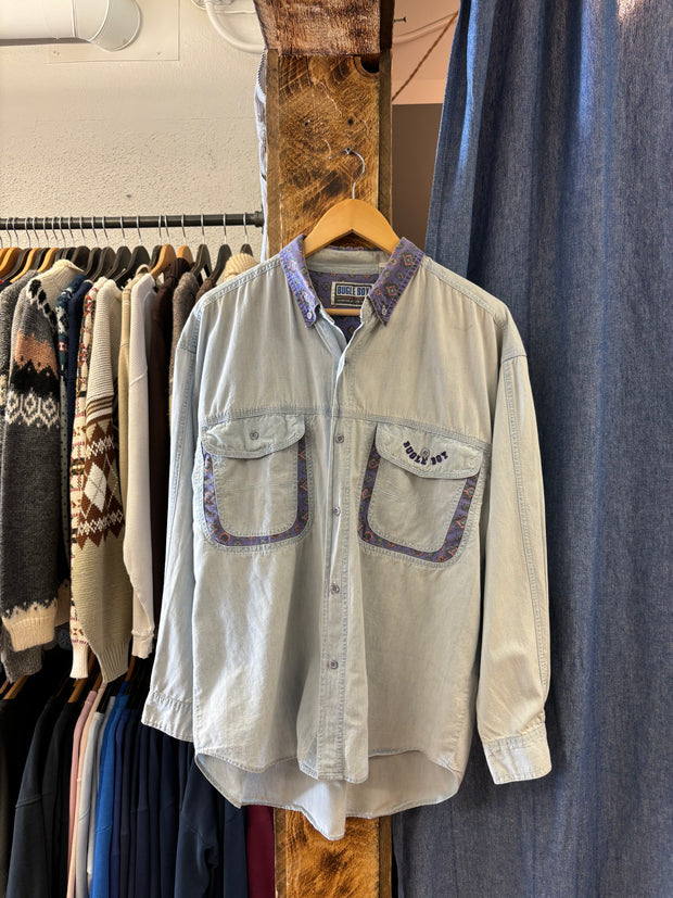 Vintage "Bugle Boy" Denim Button-Up T-shirt - L