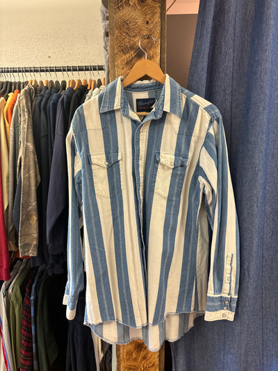 Vintage Wrangler Striped Blue/White Button-Up Shirt - L
