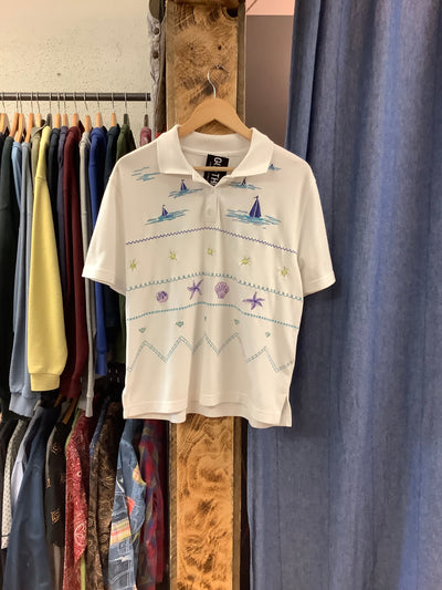 Vintage Nautical Patterned White Polo T-Shirt - L