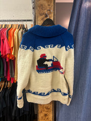 Vintage Cowichan Snowmobile Blue/White Sweater - L