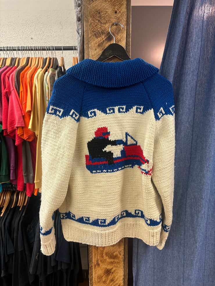 Vintage Cowichan Snowmobile Blue/White Sweater - L