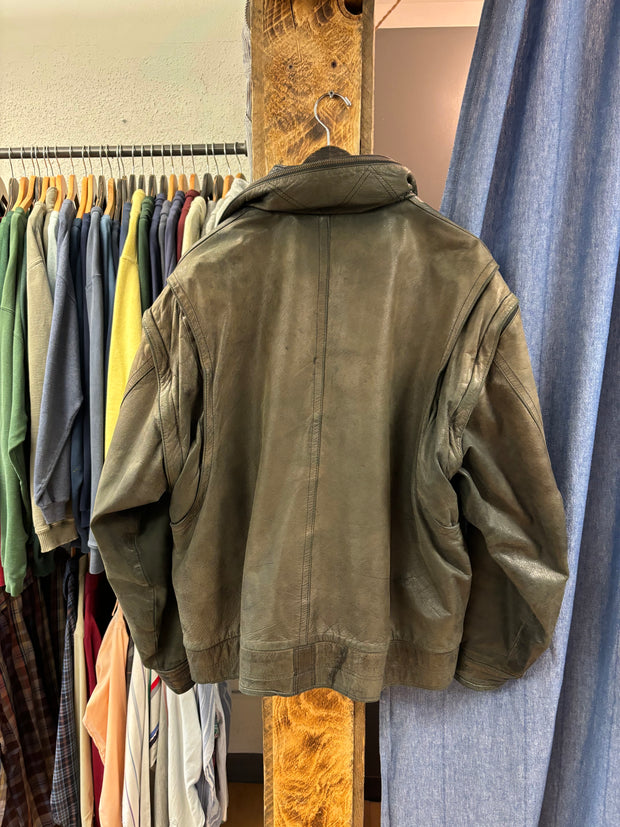 Vintage Leather Bomber Faded Grey Jacket - L