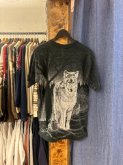 Vintage 90's Wolf Nature All Over Print Black T-shirt - L