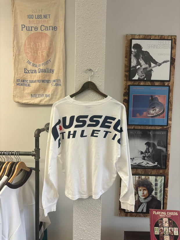 Vintage Russell Athletic Spellout White Women's Cropped Longsleeve T-shirt - M (W)