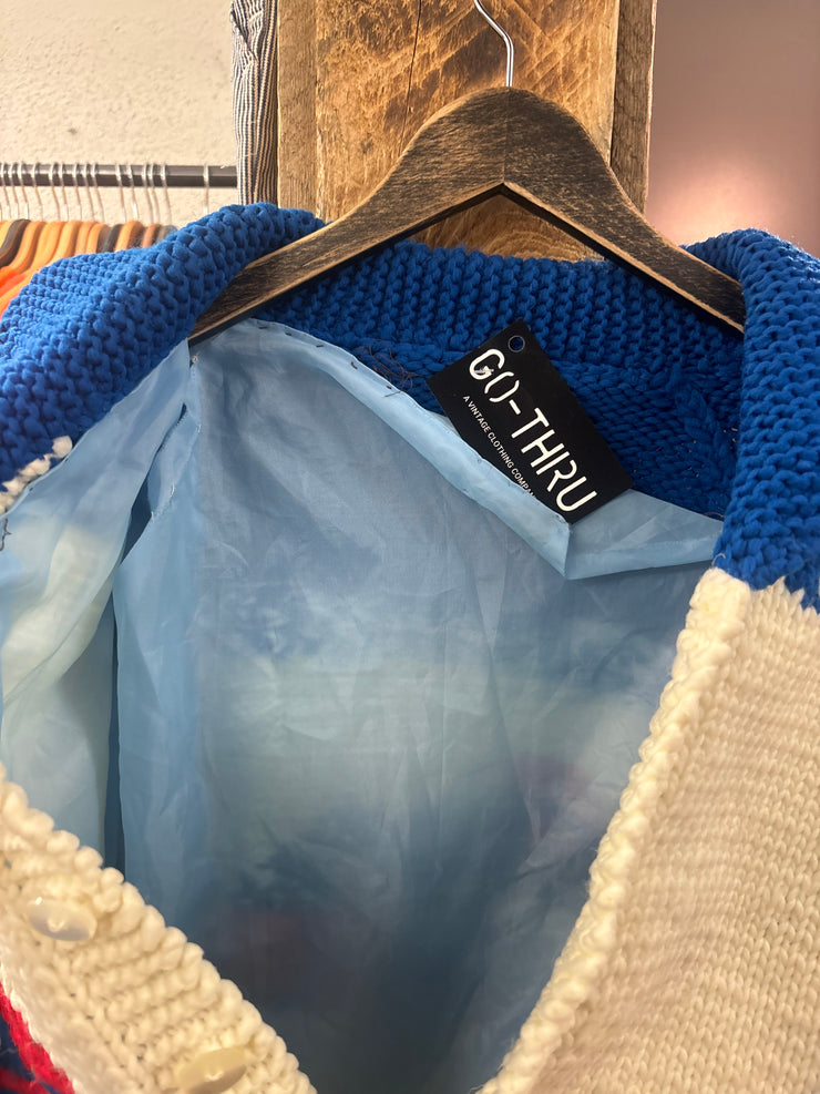 Vintage Cowichan Snowmobile Blue/White Sweater - L