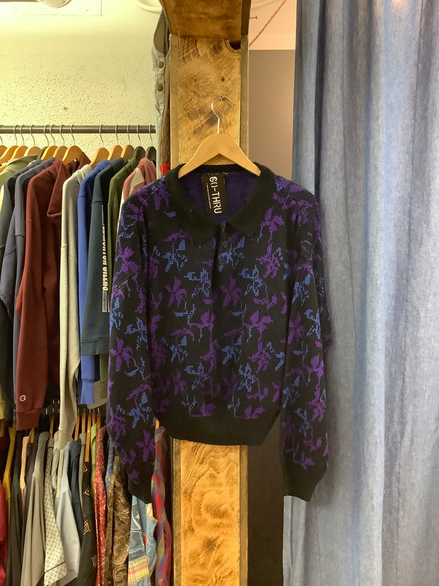 Vintage Floral Purple Knit Sweater - M
