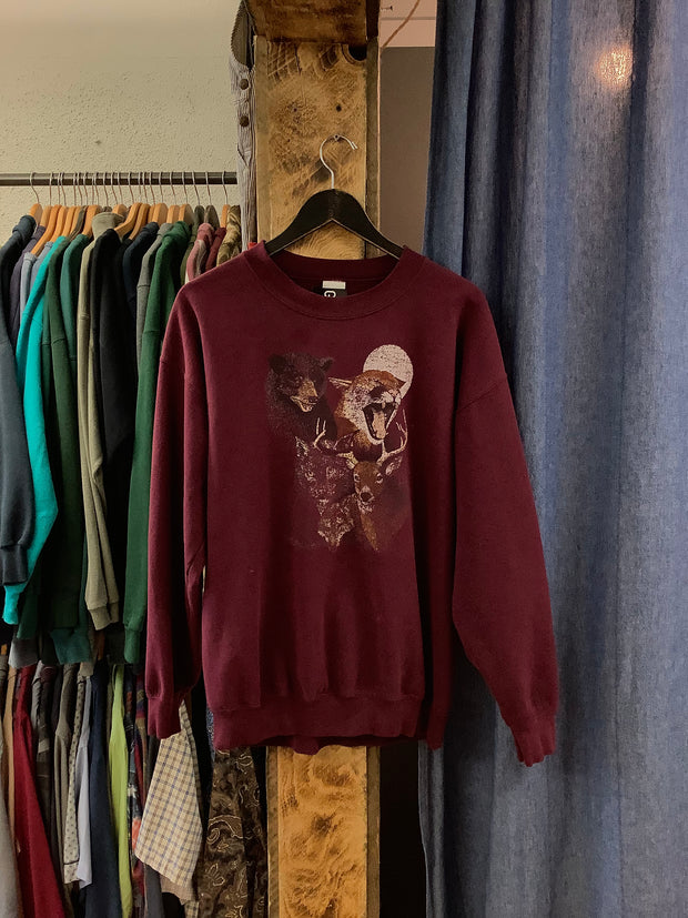 Vintage Animals Burgundy Graphic Crewneck - L