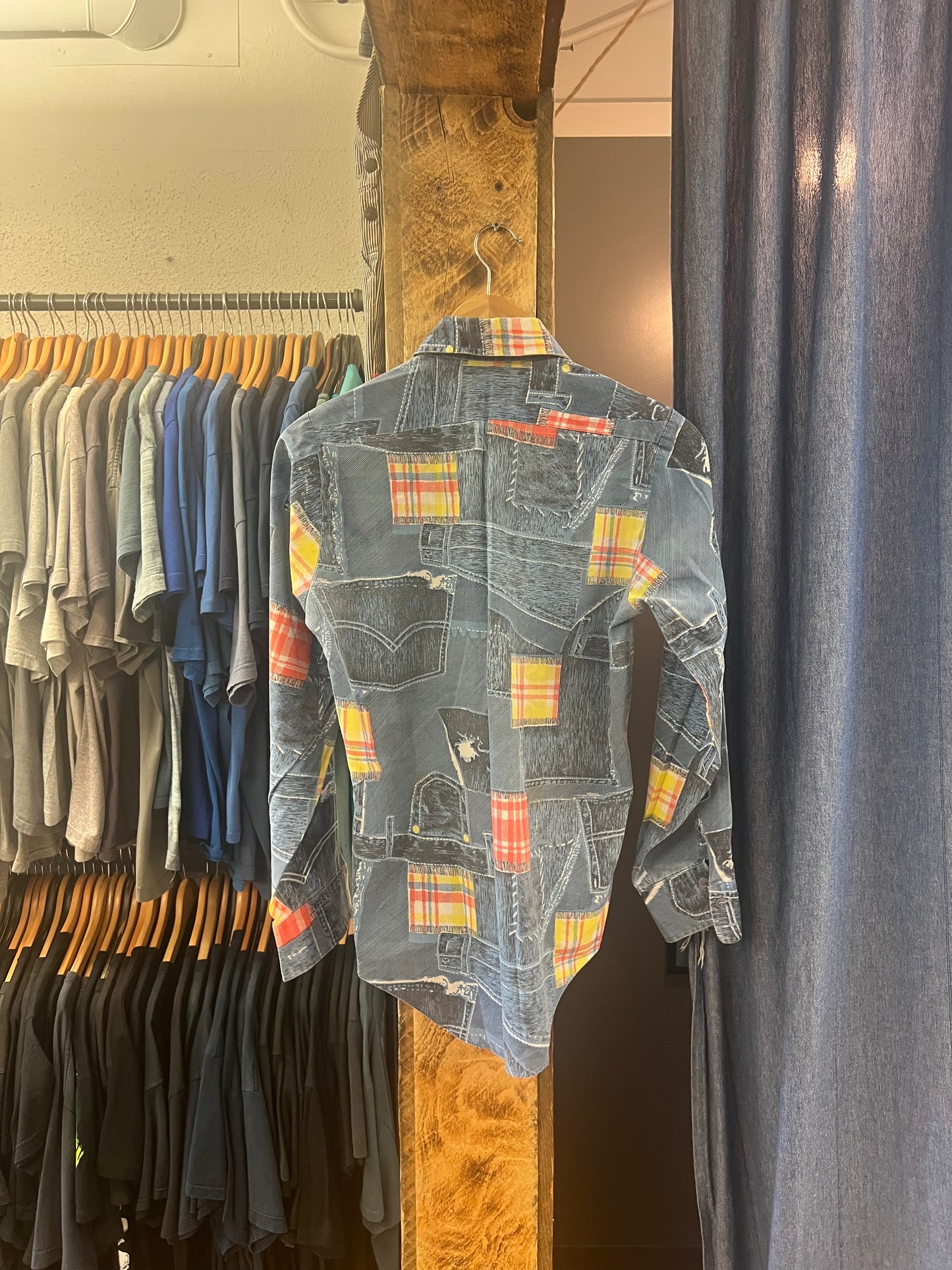Vintage all over print patchwork button up shirt - m