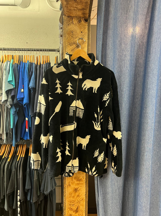 Vintage nature patterned black and white fleece sweater - XXL