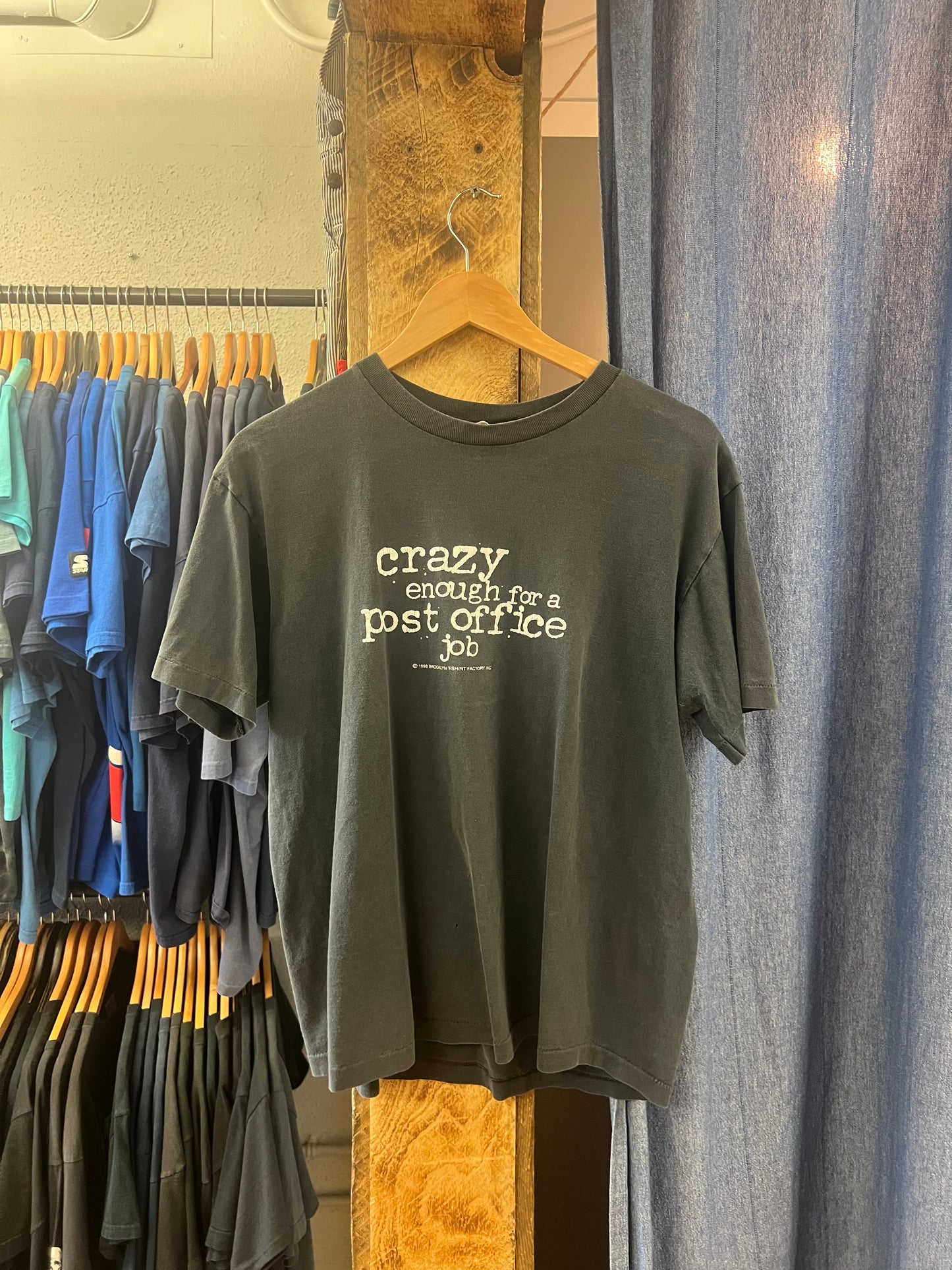 Vintage 1998 crazy enough for a post office job black graphic T-shirt - L
