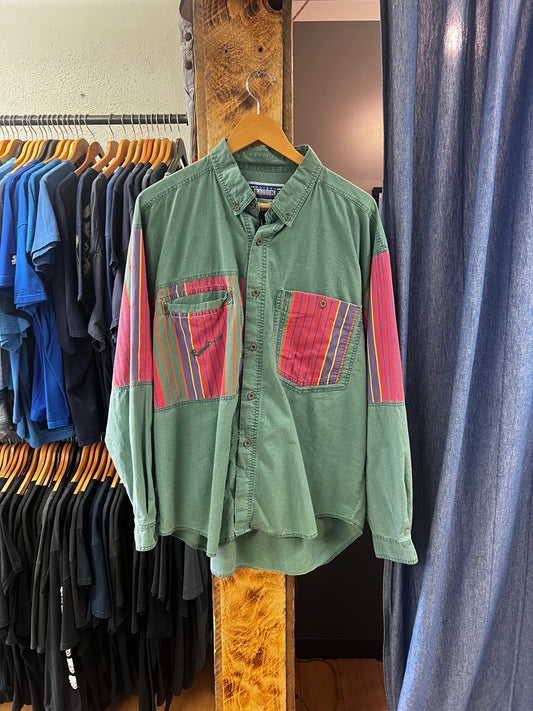 Vintage Radium Green Button-Down Shirt with Red Multi-Stripe Accents - XL