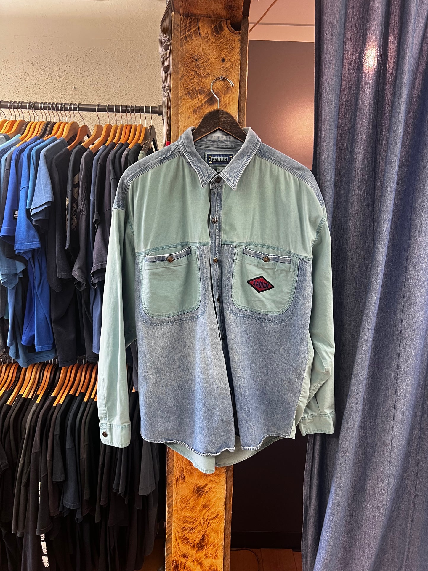 Vintage radium two tone teal and denim button up shirt - XL