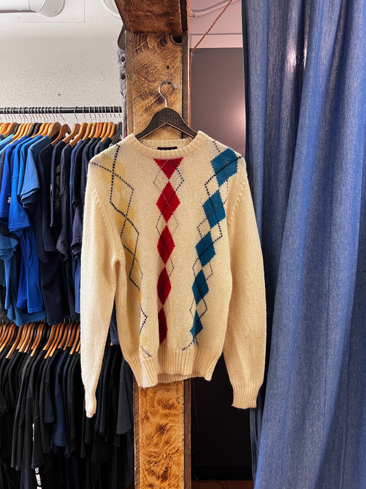 Vintage Cream Knit Sweater with Red and Teal Accents - L