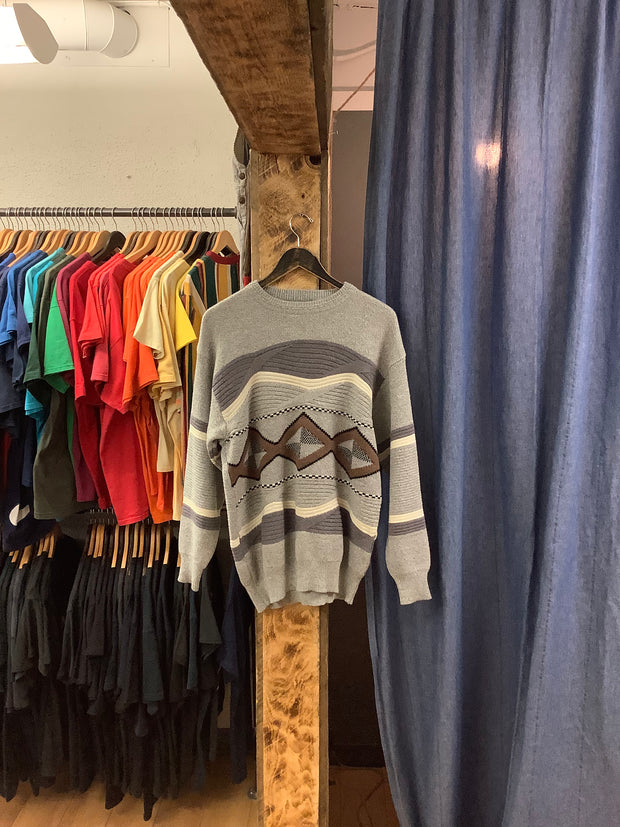Vintage NingTeng Grey Patterned Knit Sweater - L
