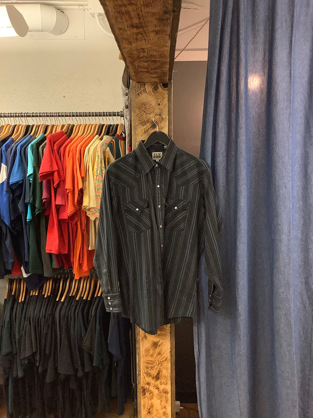 Vintage Ely cattleman pearl snap dark grey striped button up - L
