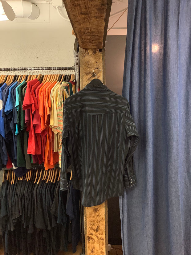 Vintage Ely cattleman pearl snap dark grey striped button up - L