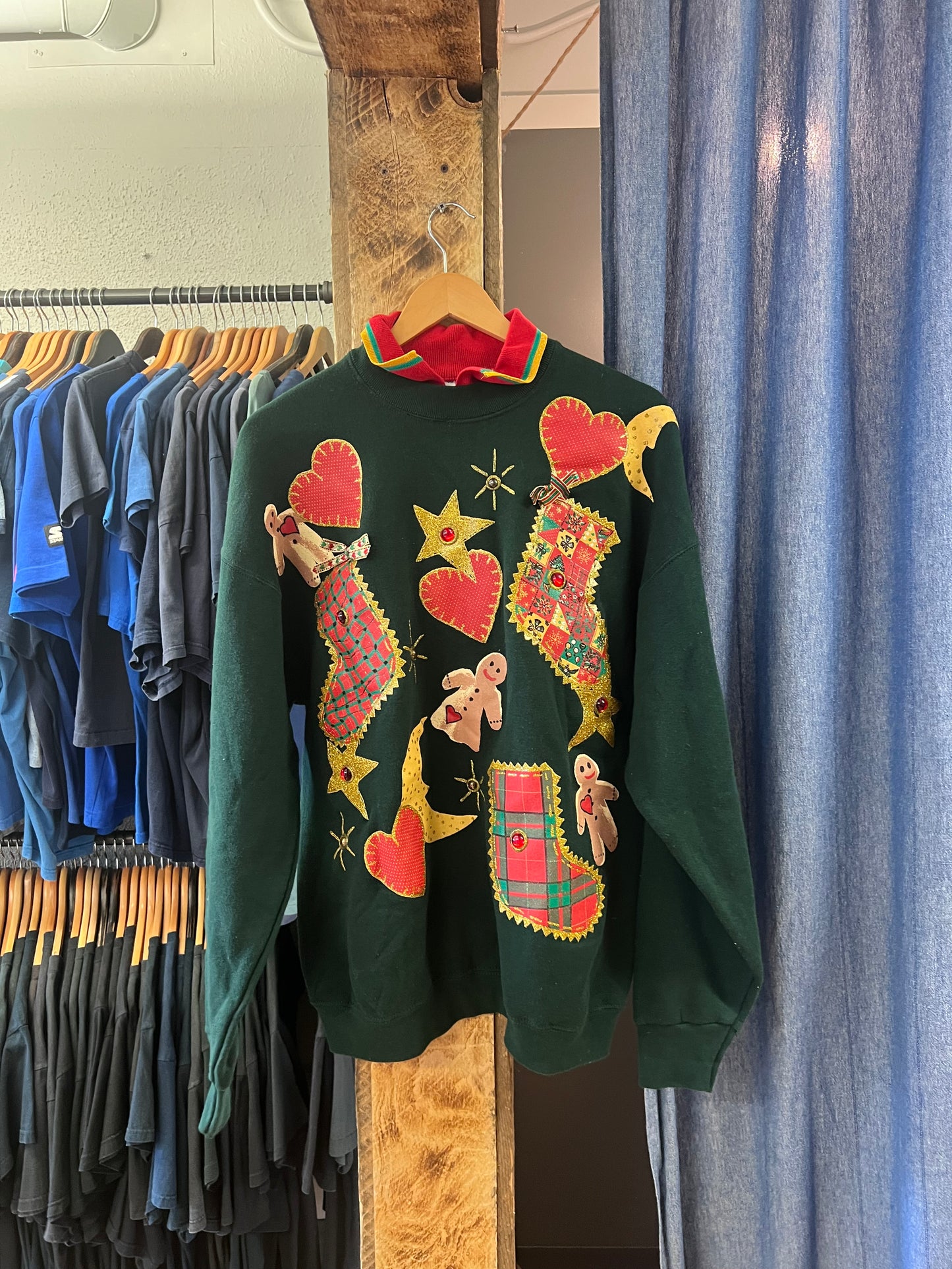 Vintage Christmas appliqué dark green sweater - XL