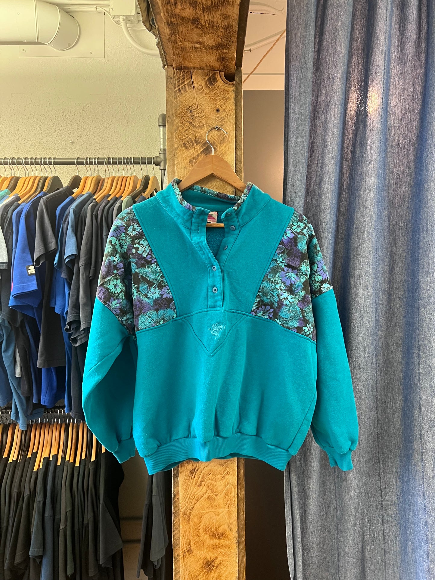 Vintage teal floral Half button up sweater - l