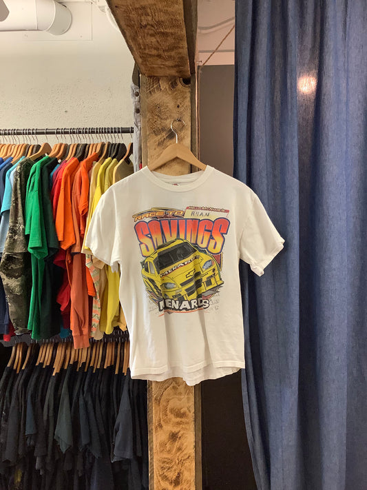 Vintage Race To Savings Graphic White T-Shirt - L
