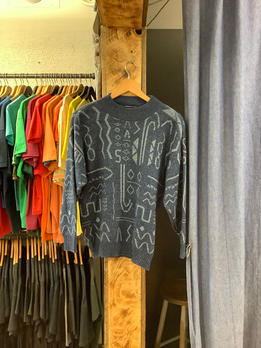 Vintage patterned blue knitted sweater - S