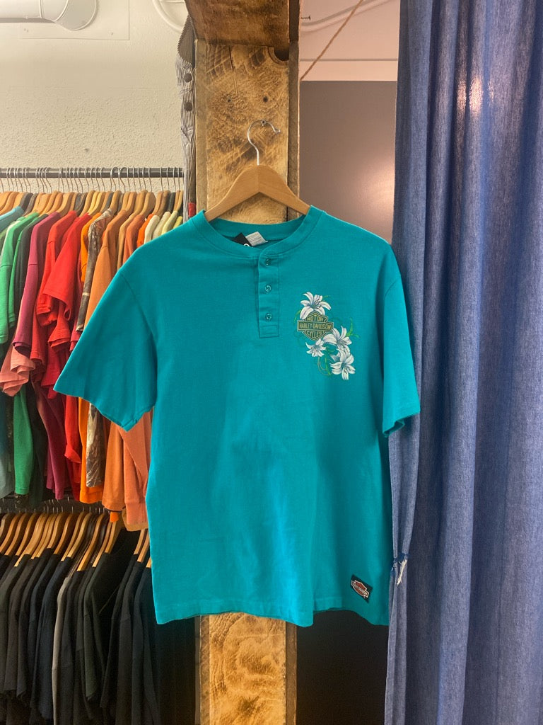 Vintage Harley Davidson Turquoise Blue Floral Tshirt - l